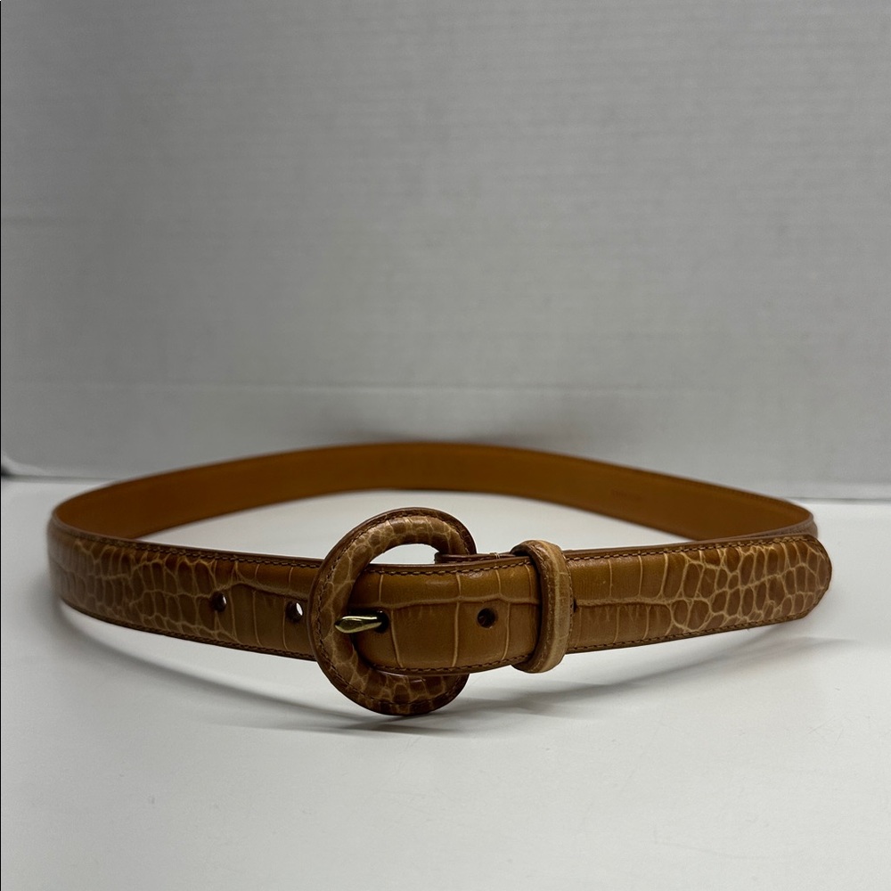 Lauren Ralph Lauren Tan Croc-Embossed Leather Belt with Round Buckle